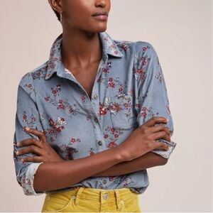 Anthropologie corduroy Button Down Shirt Blue floral women’s size 2 Building 18